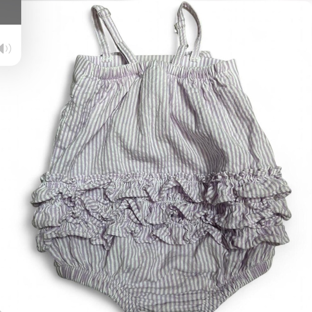 Rufflebutts ruffle butts purple white striped seersucker bubble romper sun suit